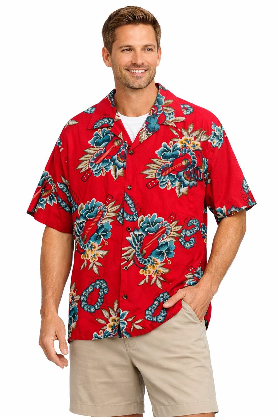 1990s Hilo Hattie Hawaiian Shirt Red Floral Ukulele Print Cotton XL